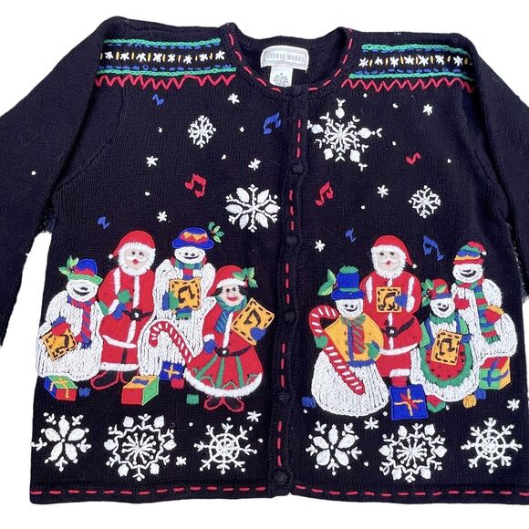Studio Works Vtg Ugly Christmas Cardigan Sweater M Black Embroidery Front Back - Picture 7 of 11